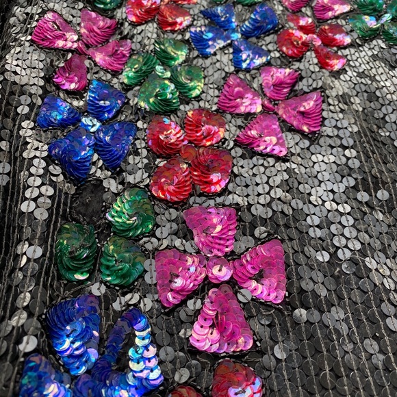 Vintage 100% silk sequined top Sz M 70s 80s 90s Black Floral - Picture 11 of 16